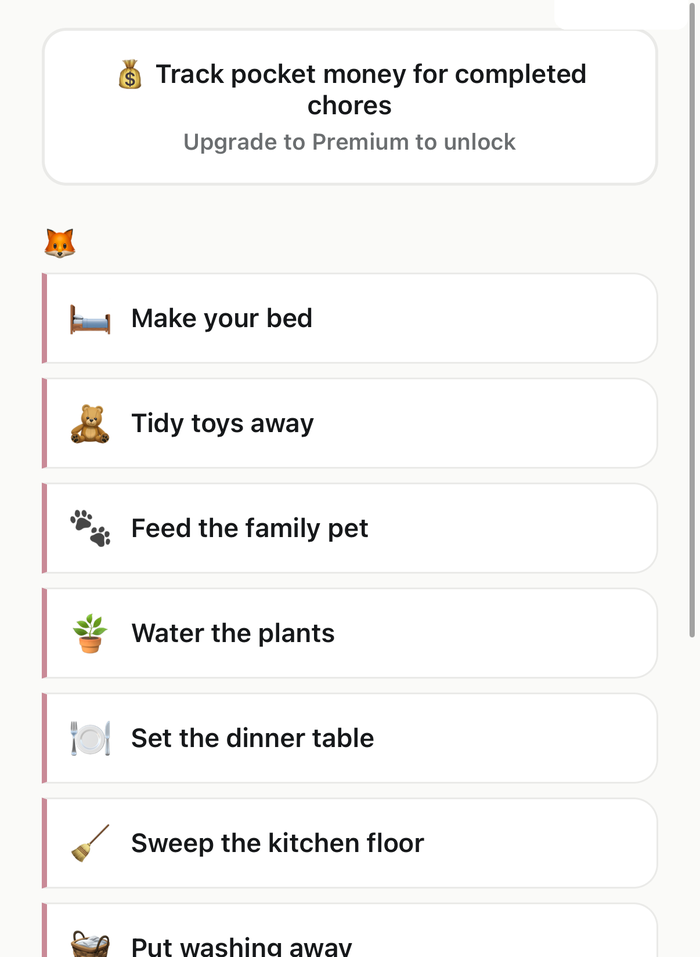 Tilandra chores screen, showing the free checklist and locked pocket-money tracking