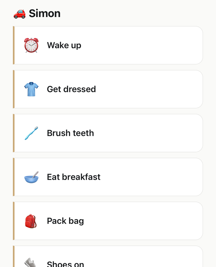 Tilandra morning routine screen, showing one child's tasks in order
